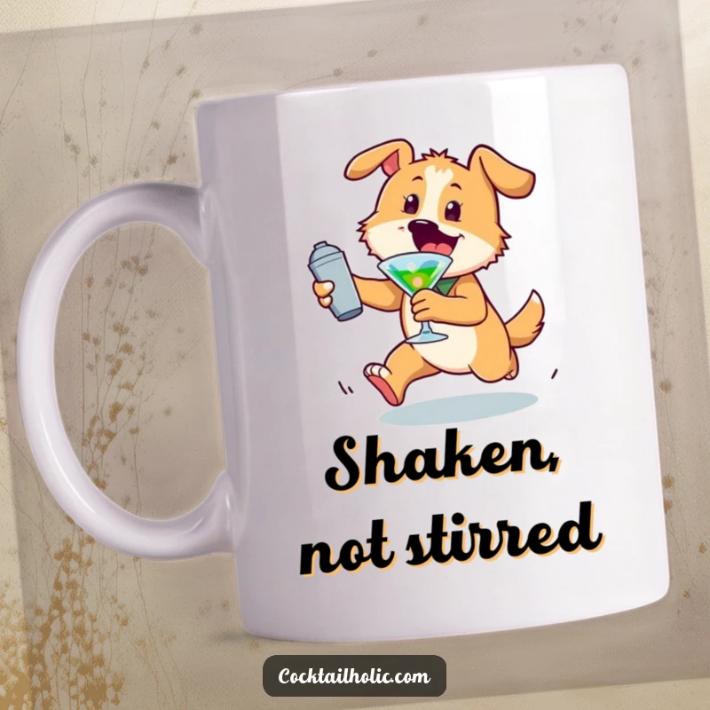 Funny dog mug with an energetic character playfully chasing a cocktail shaker, embodying party spirit and humor.