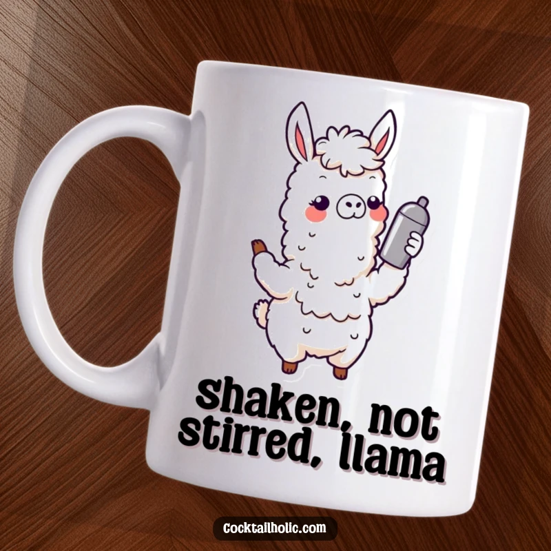 Funny Wobbly Llama Mug: A cartoon llama joyfully shaking a cocktail shaker, ready to mix up some fun, great for any party lover.