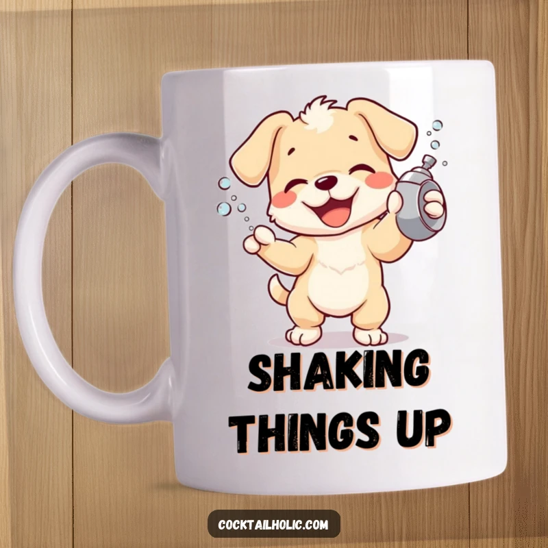 Joyful puppy character energetically shaking a cocktail shaker, enthusiastically spraying tiny bubbles on a fun mug.