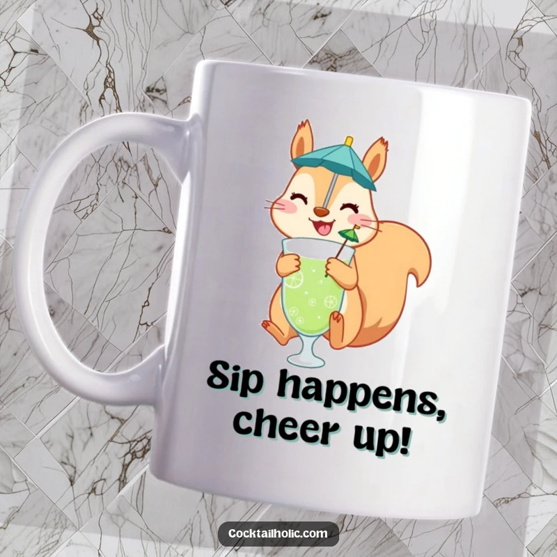 Funny mug featuring a joyful squirrel mid-jump, holding a drink with a tiny umbrella, radiating pure happiness and fun.