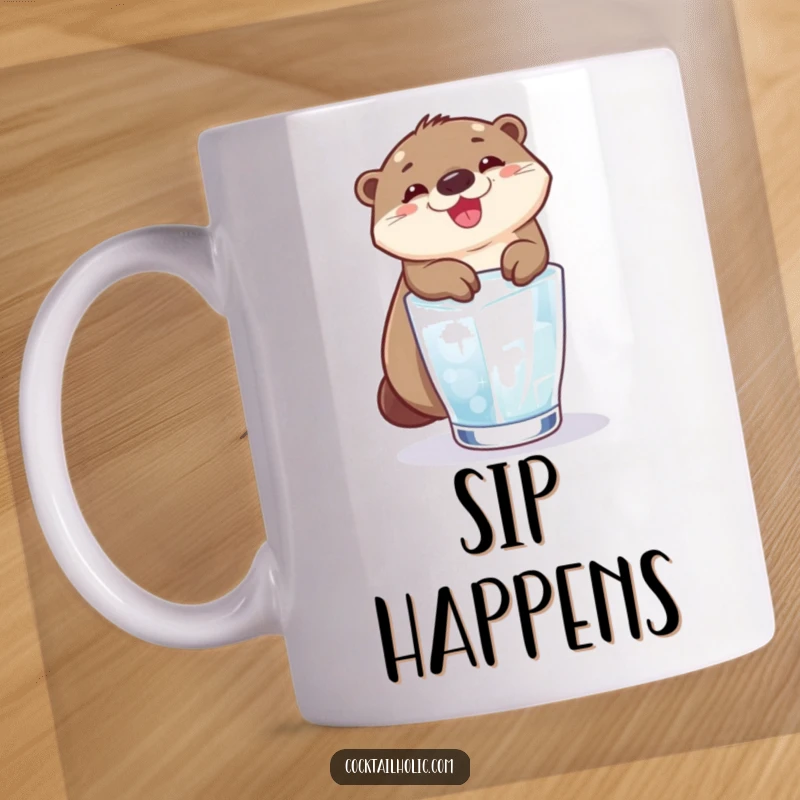 Funny otter grinning broadly while sliding down an ice cube into a glass, featured on a mug.