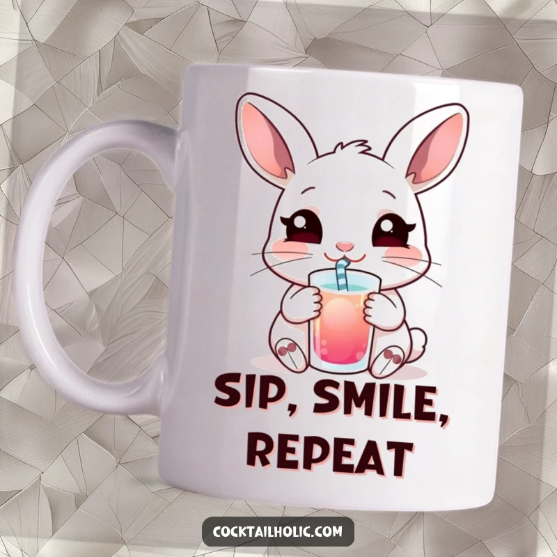 Funny mug featuring a smiling rabbit leisurely sipping a drink through a straw, embodying pure relaxation and happiness.