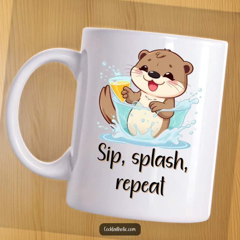 Funny otter mug with a playful character splashing in a bubbly cocktail, embodying joy and humor.
