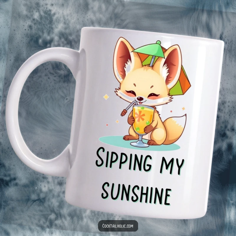 Funny fennec fox mug happily sipping from a colorful drink umbrella, a cute and humorous gift for tropical lovers.