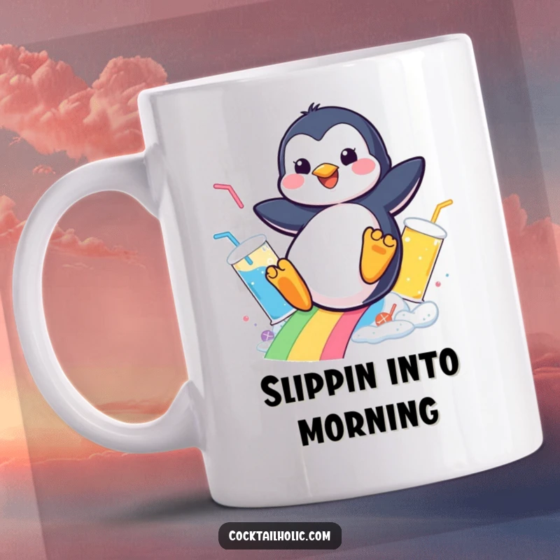 Funny mug featuring a cheerful penguin joyfully sliding down a vibrant rainbow made of bubbly drinks, perfect for a playful gift.