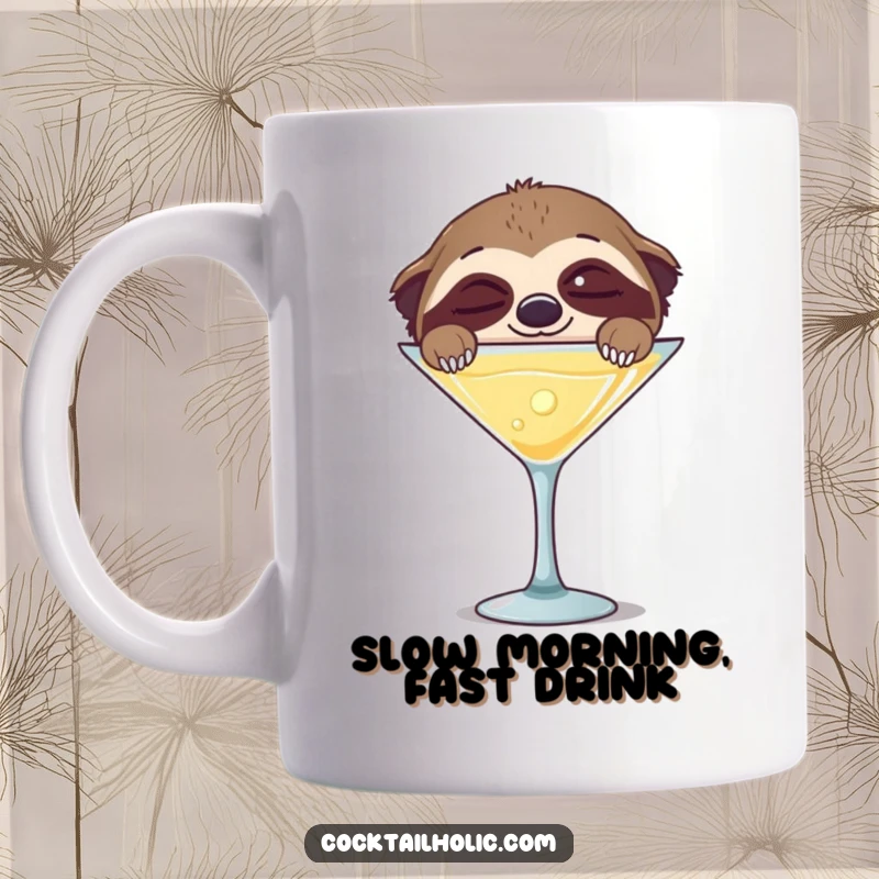 Funny mug with a sleepy sloth peeking over a giant martini glass, eyes wide with happy, relaxed joy.