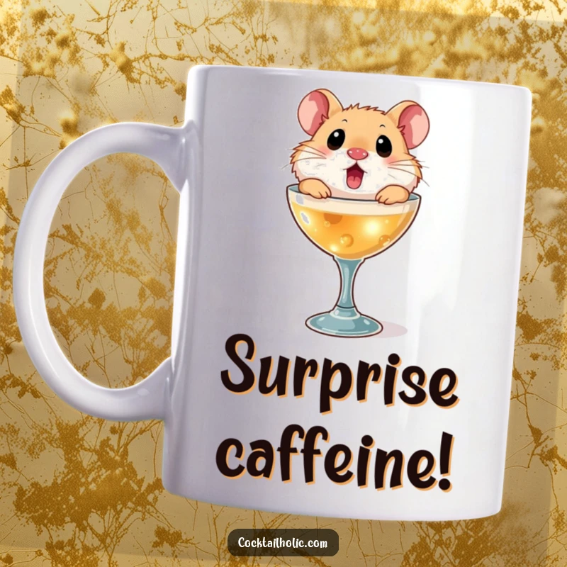 Funny surprised hamster mug, popping out from a tiny cocktail glass with wide, astonished eyes.