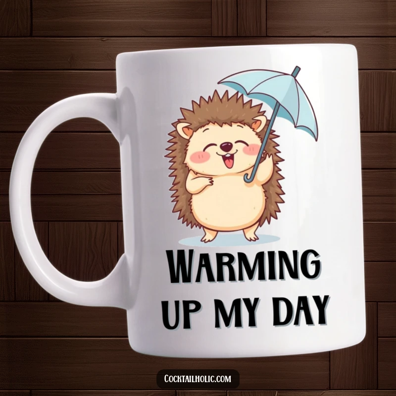 Funny mug showing a giggling hedgehog doing a silly dance, holding a tiny umbrella in its paw.