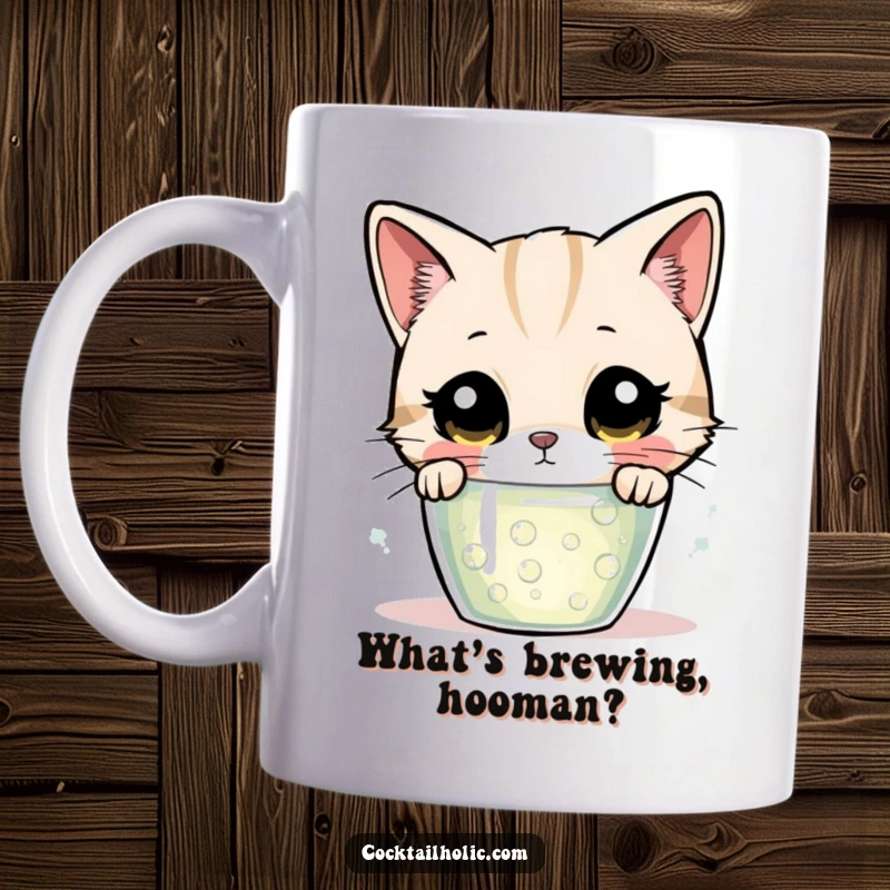 Funny curious cat mug, wide-eyed and fascinated, peering intently into a bubbling, enigmatic drink.