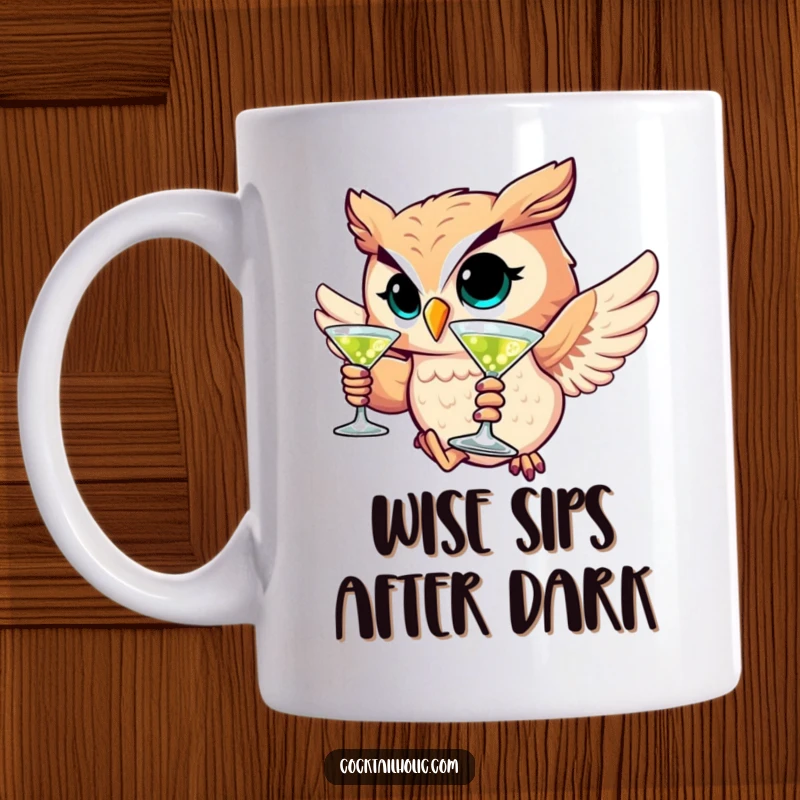 Funny owl mug showing a winking character soaring with a martini, ideal for sophisticated humor lovers.