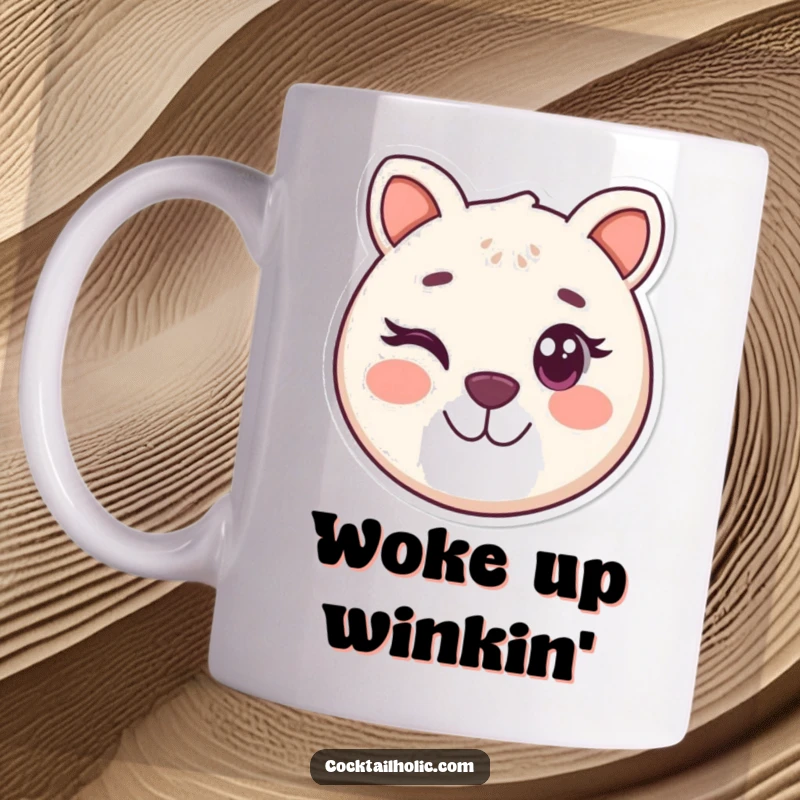 Funny mug featuring a round, smiling animal face with one eye playfully winking, radiating cheerful and humorous energy.
