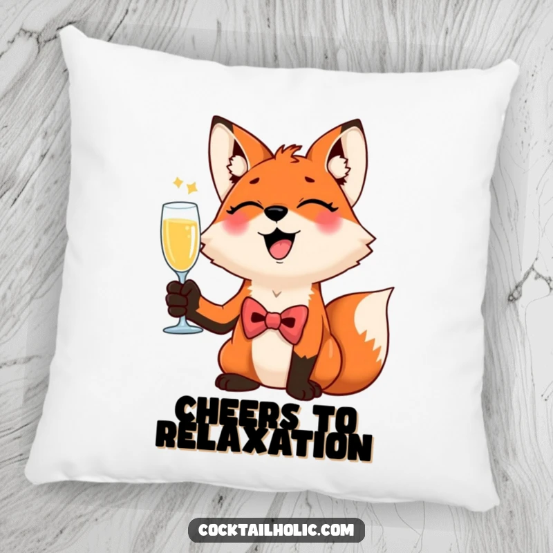 Funny Giggling Fox Pillow: A giggling fox with a bow tie raises a champagne flute, offering cozy comfort and celebratory humor.