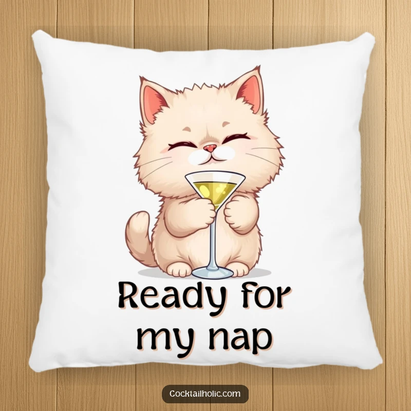 Funny Cat Martini Pillow: A fluffy cat winks playfully holding a martini, offering cozy comfort and humorous charm.