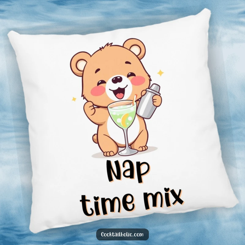 Funny bear cub pillow art gleefully shaking a cocktail shaker, a cozy and humorous decor item.