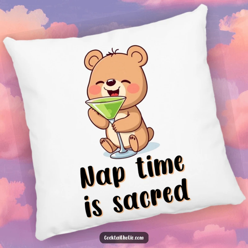 Funny bear martini pillow with a small bear character sipping a tiny martini, offering comfort and a touch of humorous elegance.