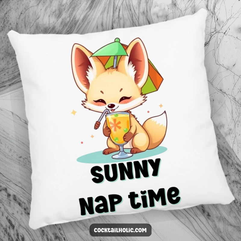 Funny fennec fox pillow art happily sipping from a colorful drink umbrella, a cozy and humorous decor item.