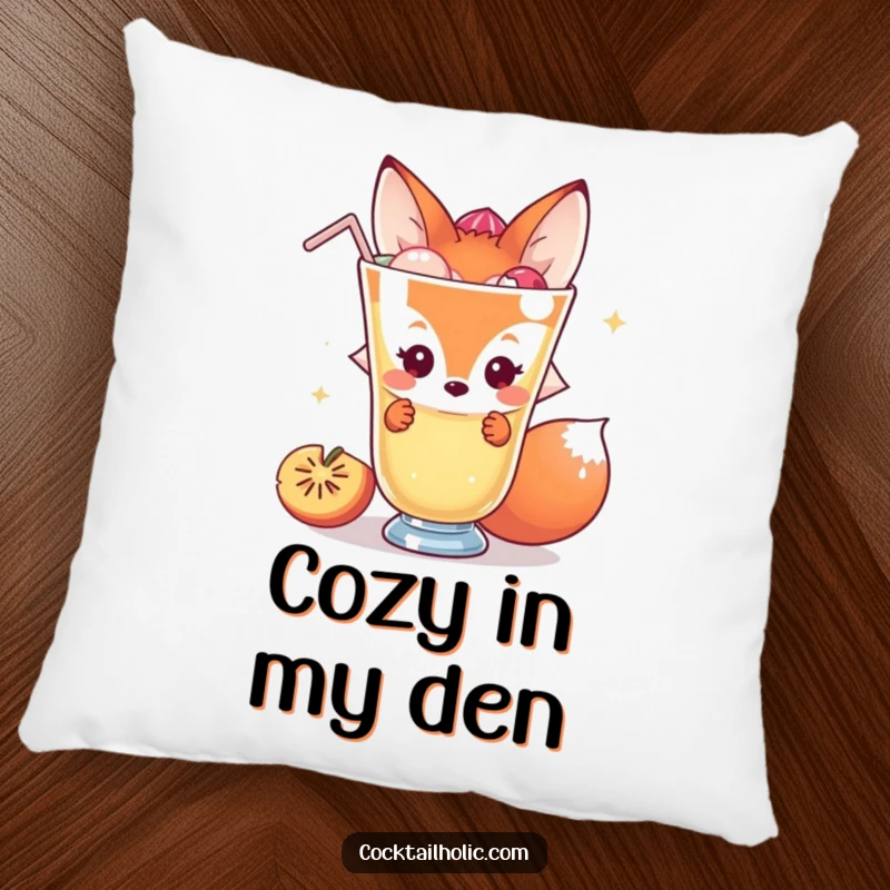 Funny fox pillow with a shy character peeking behind a giant cocktail, offering comfort and subtle humor.