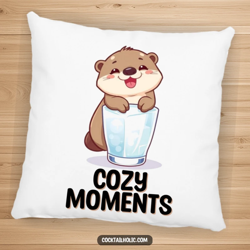 Funny otter grinning broadly as it slides down an ice cube into a glass, printed on a soft pillow.