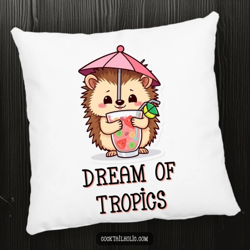 Funny Pillow adorned with a cheerful hedgehog balancing a miniature umbrella in a delightful fruity drink, offering cozy island charm.