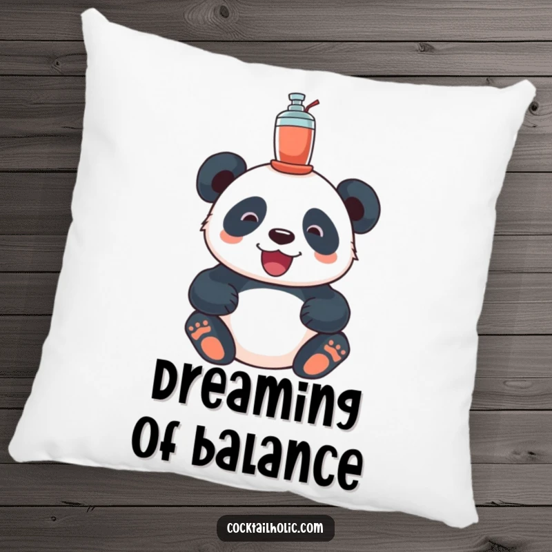 Funny panda pillow, showing a delighted panda with a tiny cocktail shaker balanced on its head, for cozy relaxation.