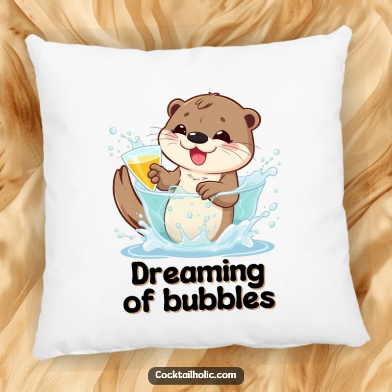 Funny otter pillow with a playful character splashing in a bubbly cocktail, offering comfort and bubbly humor.