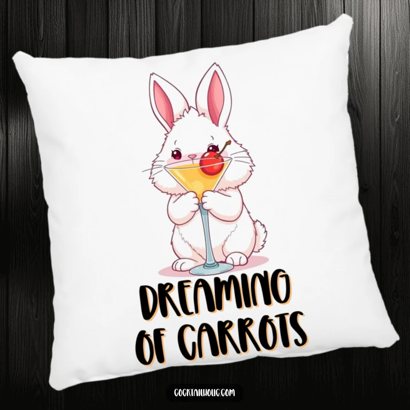 Funny fluffy bunny pillow art holding a martini glass with a cherry, a cozy and humorous decor item.