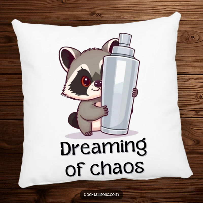 Funny pillow featuring a sly raccoon peeking from a large cocktail shaker, perfect for adding soft humor and intrigue.