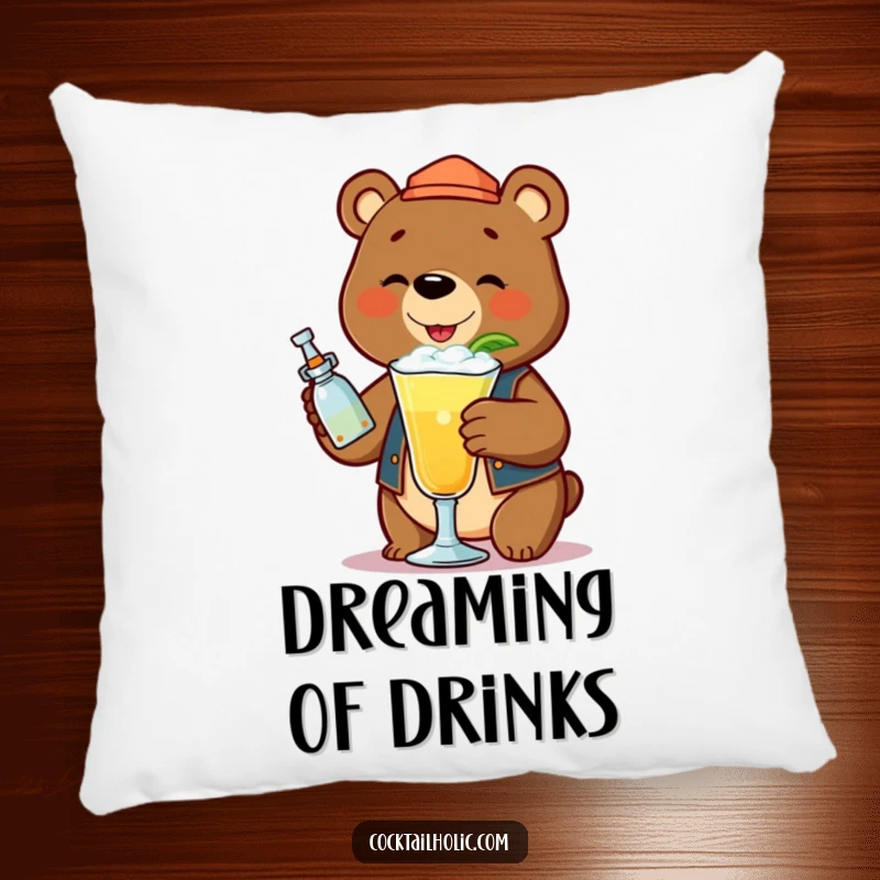 Funny bear bartender shaking a frothy cocktail, on a soft and decorative pillow.