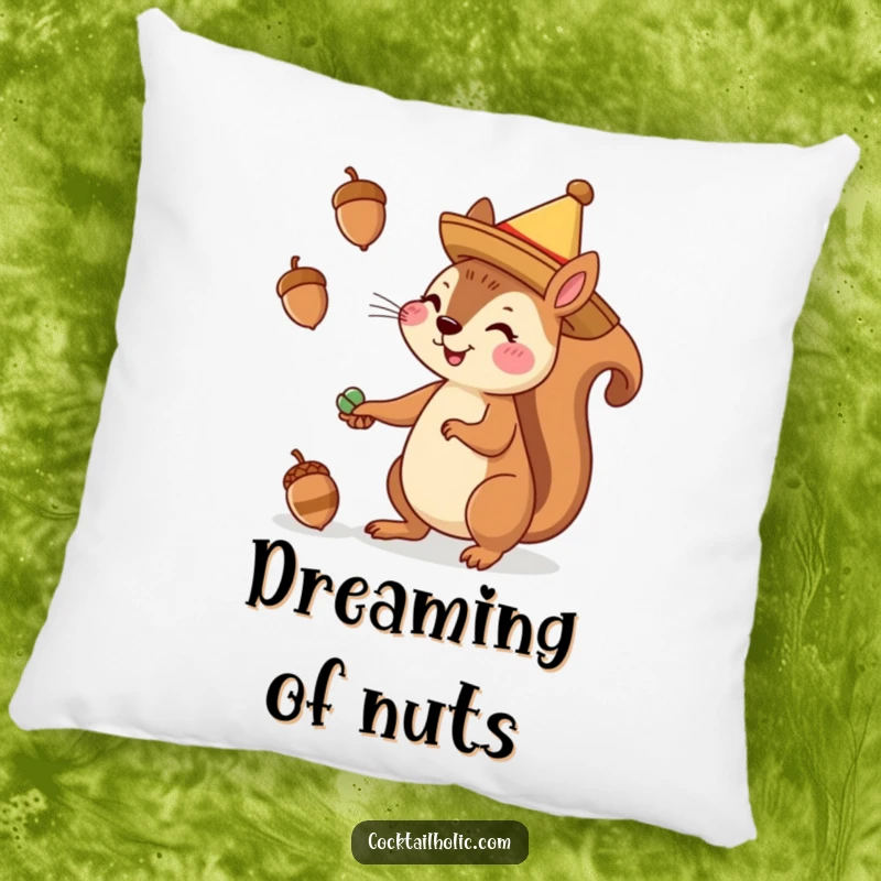 Funny pillow with a cheerful squirrel wearing a sombrero, juggling acorns, adding humorous comfort.