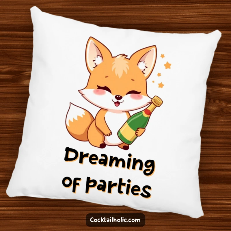 Funny fox Champagne pillow with a cheerful fox winking and holding a tiny bottle, perfect for cozying up with celebration.