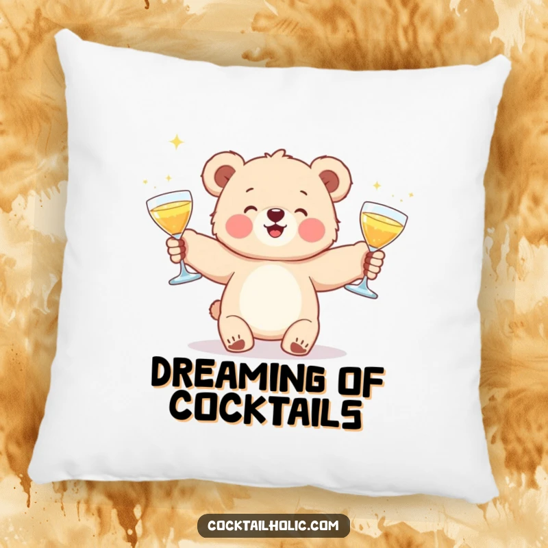 Funny pillow showcasing a happy bear cub juggling shimmering cocktail glasses, designed for comfort and amusement.