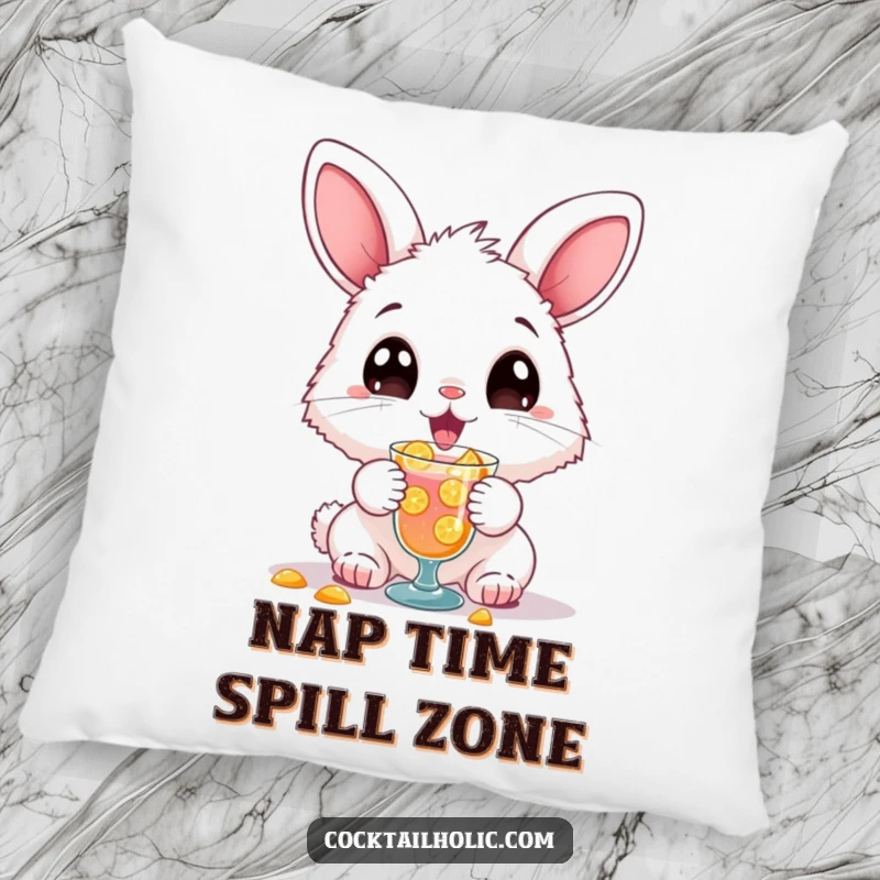 Funny pillow with a fluffy bunny character gleefully spilling a drink, adding a touch of humorous comfort.