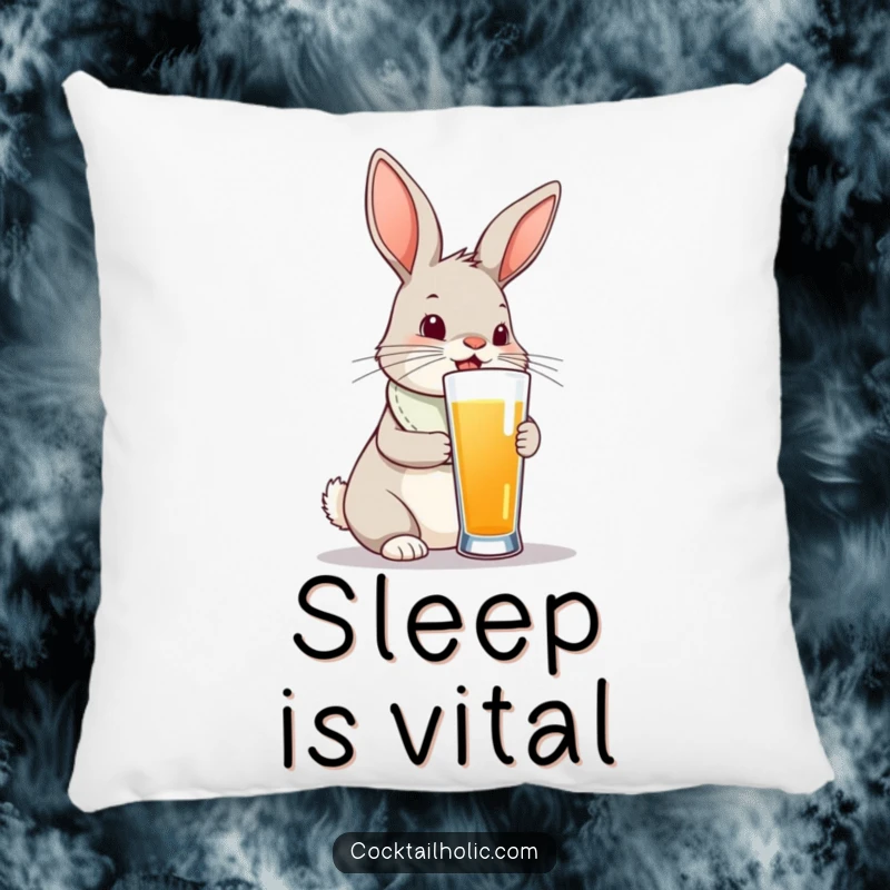 Funny bunny rabbit wearing a tiny bib, attempting to drink from a ridiculously tall glass, on a pillow.