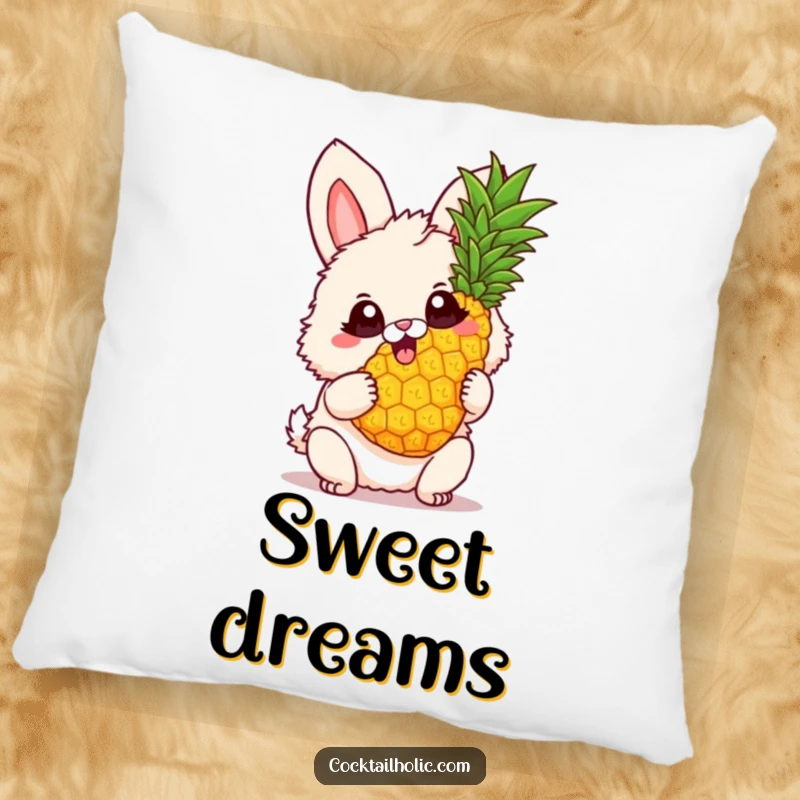 Funny Pillow with a fluffy bunny, big excited eyes, holding a twirling pineapple, offering soft comfort and tropical cheer.