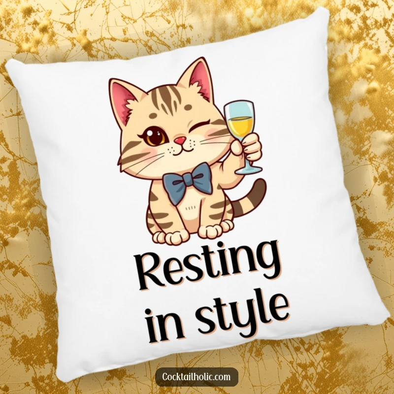 Funny stylish cat wearing a bow tie, raising a glass with a wink, on a soft pillow.