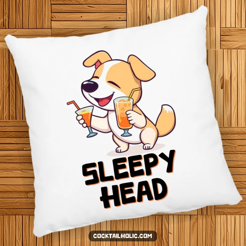 Funny Dog Pillow: Soft cushion with a delighted dog wagging tail holding a cocktail, perfect for cozy humor.