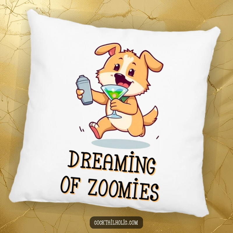 Funny dog pillow with an energetic character chasing a cocktail shaker, offering comfort and playful humor as a funny gift.
