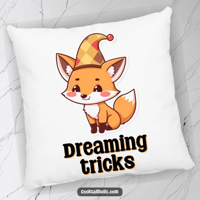Funny Pillow with a cute fox wearing a jester hat and tipping it with a mischievous grin, offering soft comfort and playful humor.