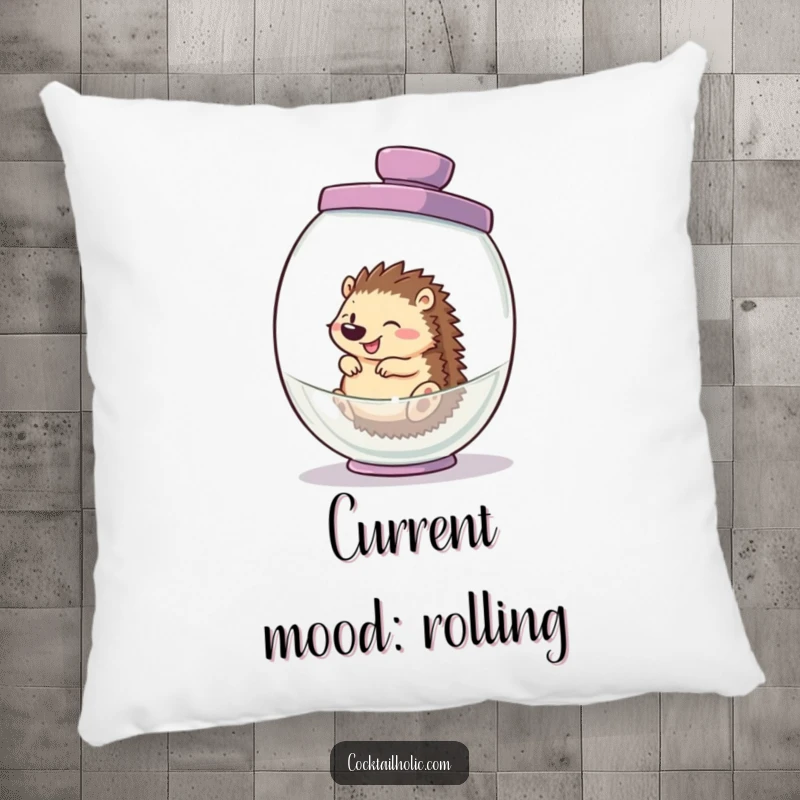 Funny hedgehog pillow, giggling uncontrollably while inside a giant cocktail shaker, adding a touch of playful comfort.