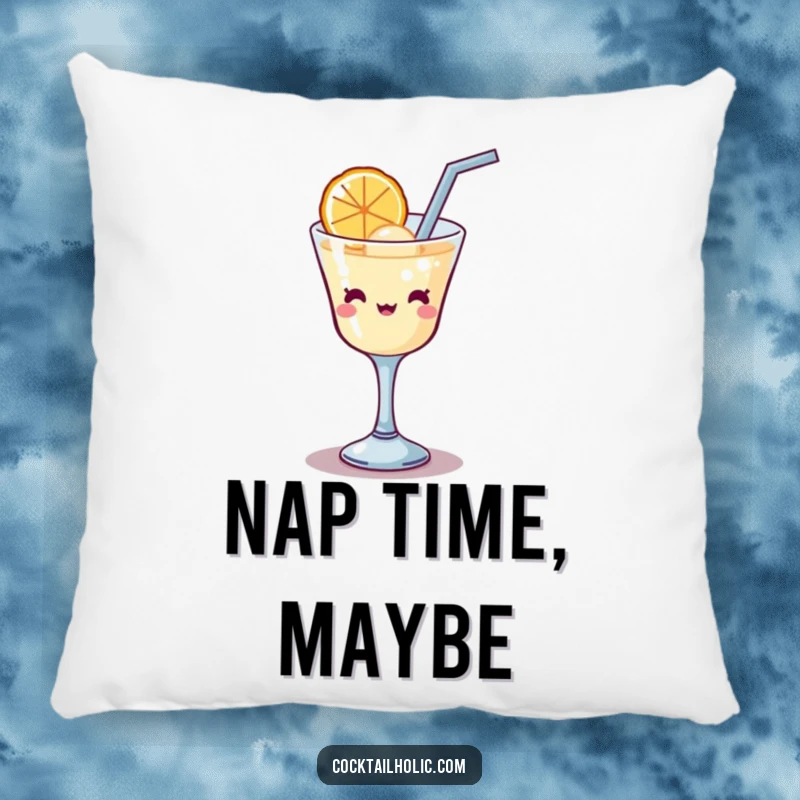 Funny Kawaii cocktail glass with a straw, comically trying to sip a large bubble, a soft and humorous decorative pillow.