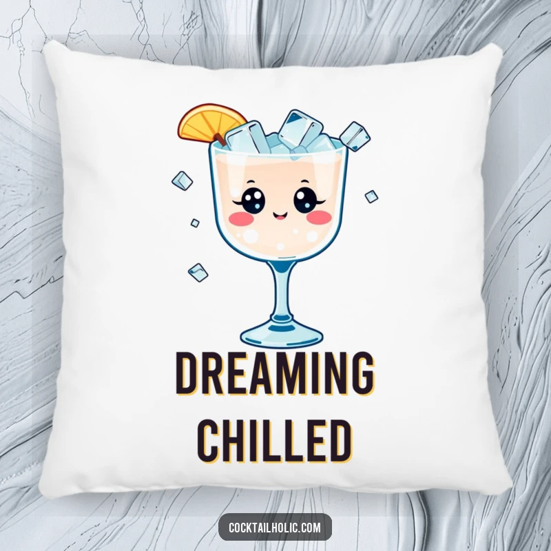 Funny pillow depicting a kawaii cocktail glass with happy eyes juggling tiny ice cubes, plush and humorous home decor.