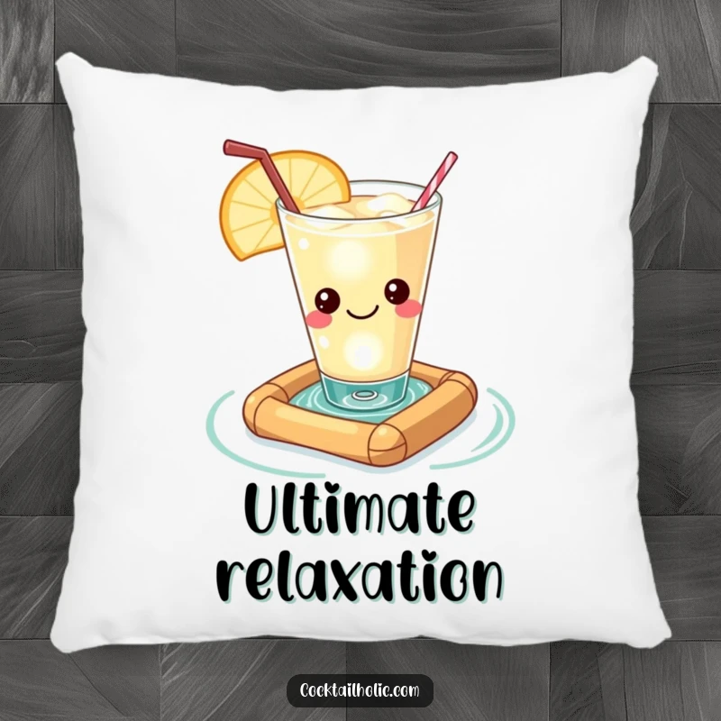Funny Kawaii cocktail glass with a contented smile, floating on a miniature raft, a soft and humorous decorative pillow.