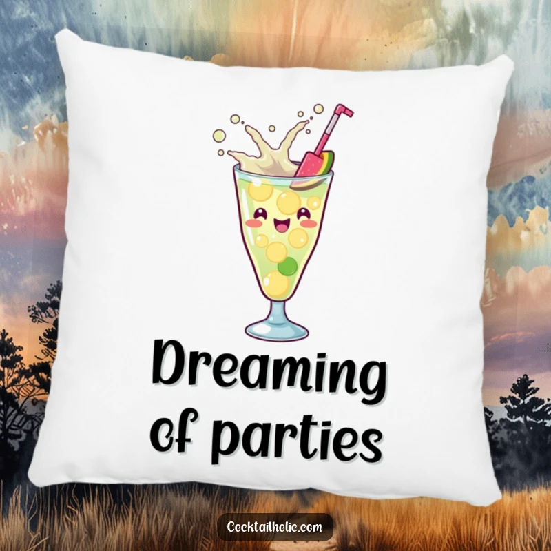 Funny Kawaii cocktail glass with a playful splash, energetically mixing ingredients, a soft and humorous decorative pillow.