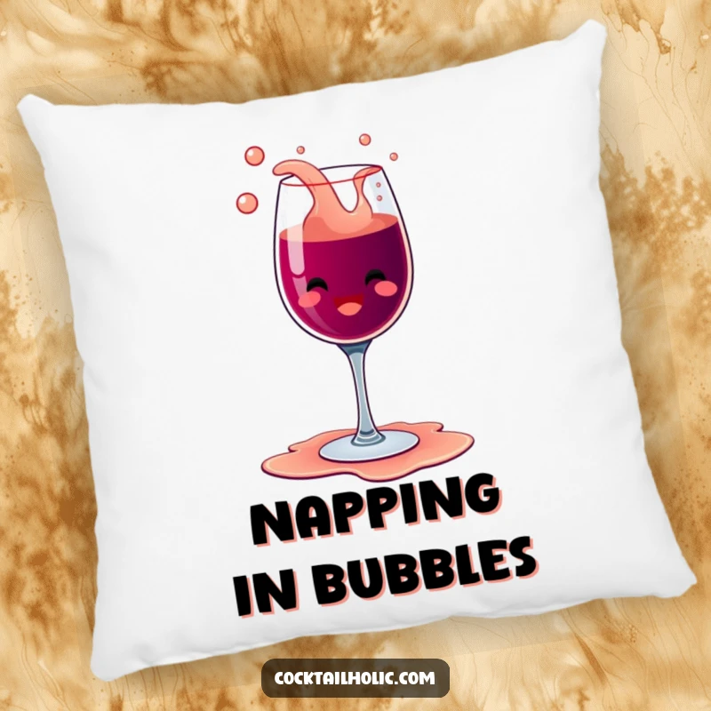 Funny happy wine glass character with bubbly overflow, spilling its contents with glee on a soft and funny pillow.
