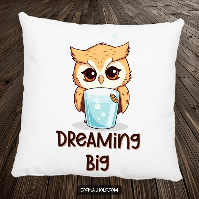 Funny Owl Pillow: Soft cushion featuring a curious owl looking at a bubbling drink, perfect for cozy, humorous relaxation.