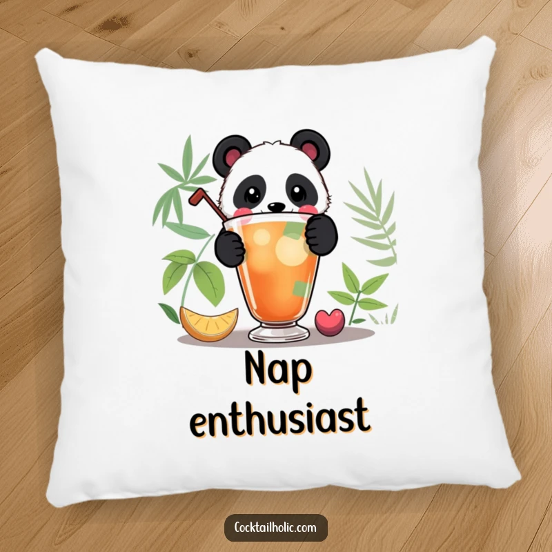 Funny Panda Pillow: Soft cushion featuring a playful panda peeking over a colorful cocktail, great for cozy humor.