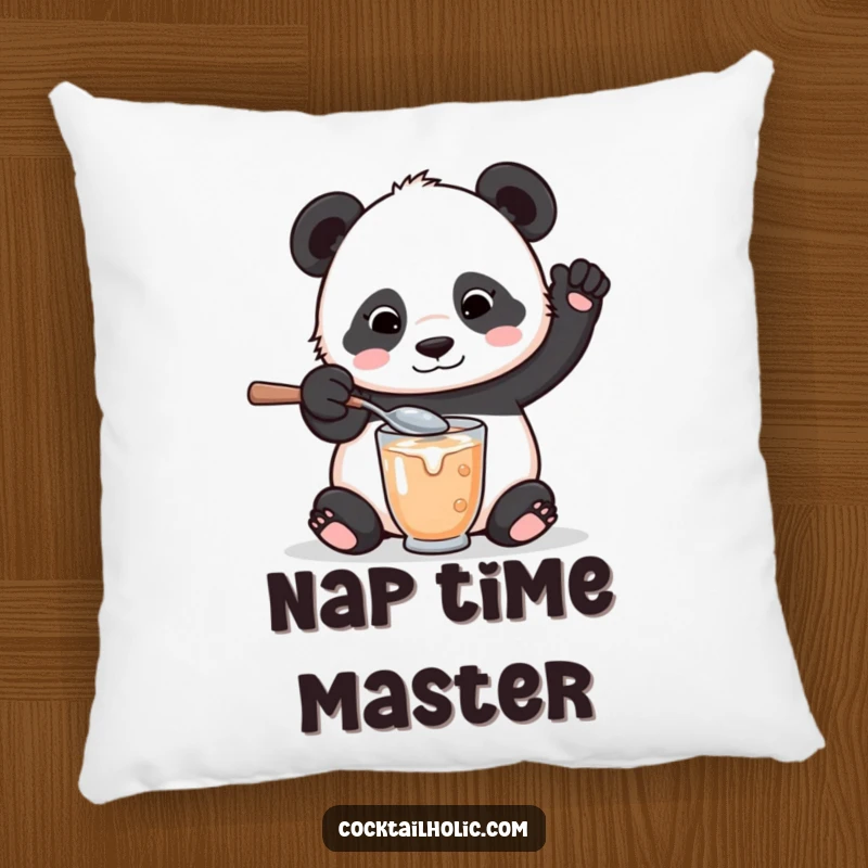 Funny pillow featuring a playful panda bear with an oversized spoon, comically mixing a drink and spilling a little.