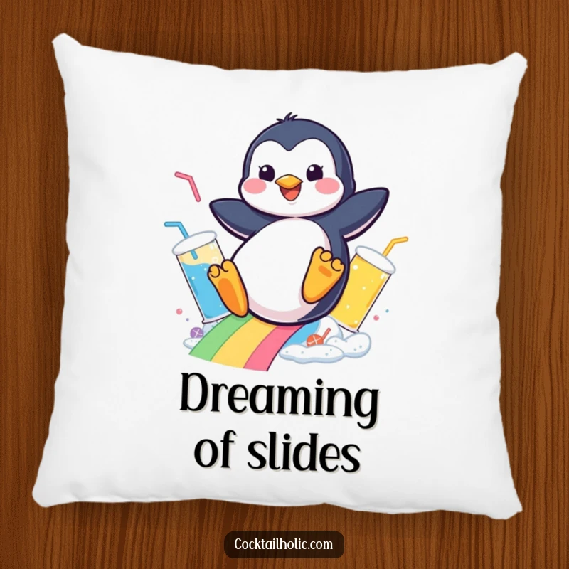 Funny decorative pillow featuring a cheerful penguin sliding down a rainbow of fizzy drinks, offering comfort and humor.
