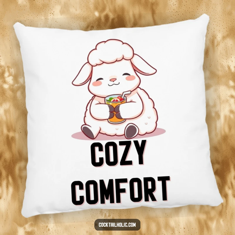 Funny Sheep Pillow: Soft cushion featuring a contented sheep relaxing with a fruity beverage, perfect for cozy humor.