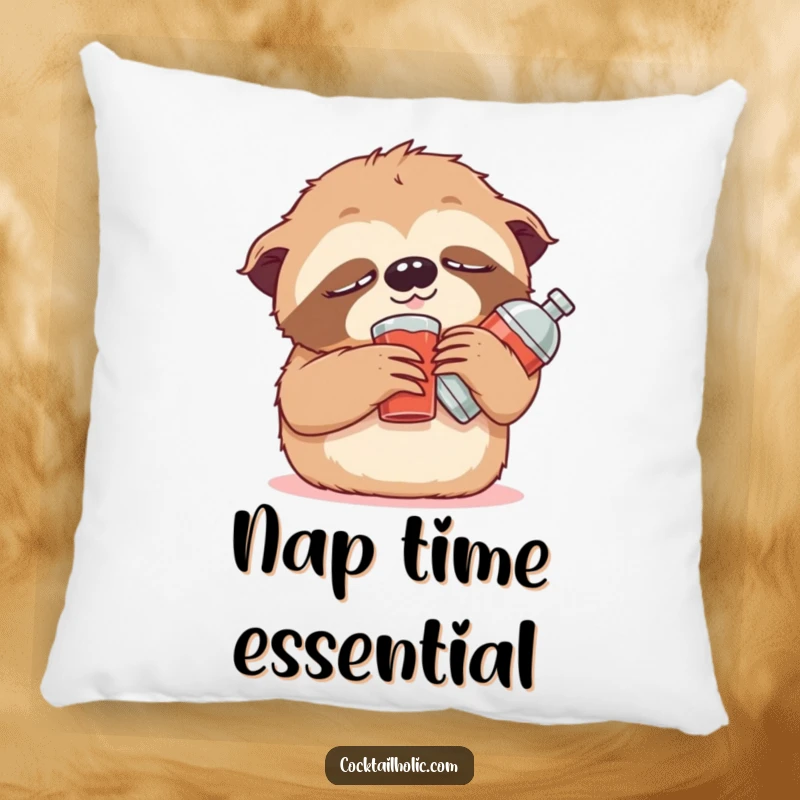 Funny Pillow adorned with a cute, drowsy sloth character propped up with a small stuffed cocktail shaker, offering comfort and slow-motion charm.